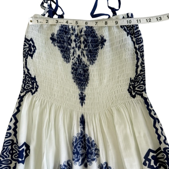 Pink Apple Blue & White Smocked Maxi Dress Boho Strapless Sundress (Fits Small) - Picture 6 of 9